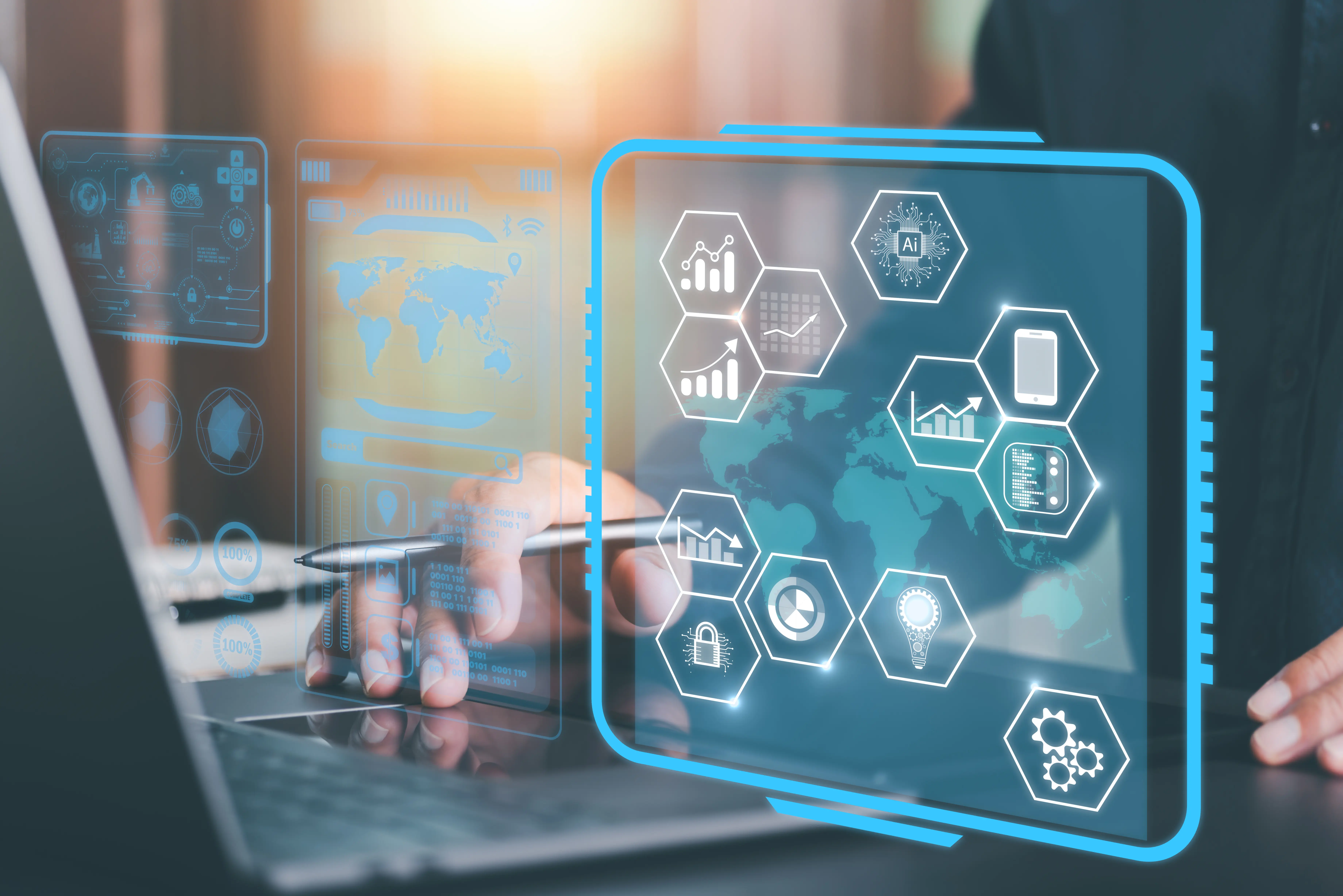 Robotic Process Automation (RPA) workflow orchestration showing digital agents and intelligent process integration
